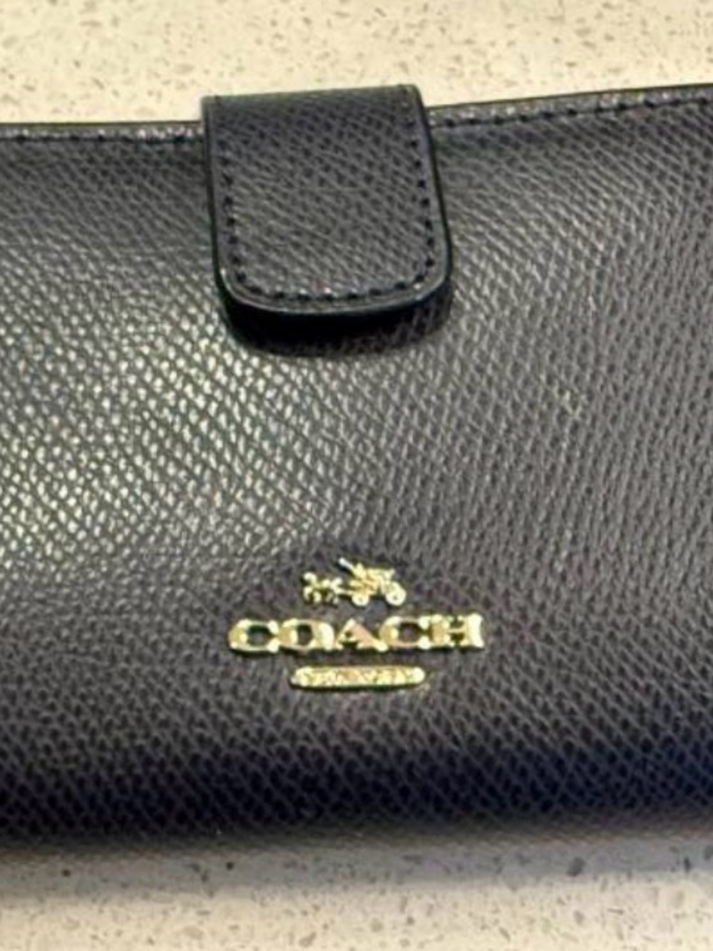 Coach Black Pebbled Leather Wallet with Gold Logo Detail